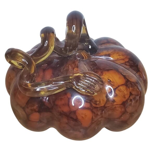 Hand Blown Glass Pumpkin Squash Brown Amber Art Glass Swirl Stem 5" x 4.5" - Picture 11 of 14